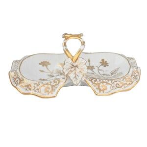 Antique Porcelain Relish Tray/Dish with Handle  White with Gold Floral Design